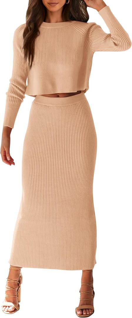 PRETTYGARDEN Women's Spring Fall 2 Piece Sweater Set Rib Knit Long Sleeve Crop Top Maxi Bodycon Skirt Casual Winter Outfits (Beige), Small