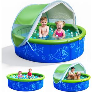 Foldable Kiddie Pool with Canopy and 20 Ocean Balls: 47in for Baby Toddler Kids- Summer Water Play Pool with Sprinkler and Shade - Portable for Outdoor Backyard Beach (Blue and Green)