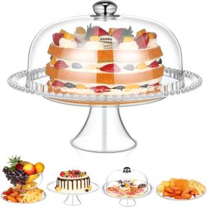 Nuenen 12 Inch Acrylic Cake Stand with Dome Lid Clear Plastic Cake Display Stand Multifunctional Serving Platter Plate Lightweight Portable Dessert Cake Container for Wedding Birthday Party Supplies 