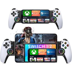 Wireless Phone Controller for iPhone/Android/Switch 1/2/OLED/iPad Mini With Hall Joystick, LED Mobile Gaming Controller for iOS Support Xbox, Steam Link, GeForce Now, Arcade,Roblox,PlayStation 3 Skins