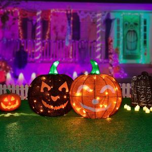 Halloween Decorations Outside Lighted Pumpkin - HOYECHI Outdoor Halloween Decor 2 Pumpkins 1.5FT, Light Up Pumpkin with 62 Led Lights, Ground Stakes, for Front Yard Porch Gardens Lawns Party, Black/Orange