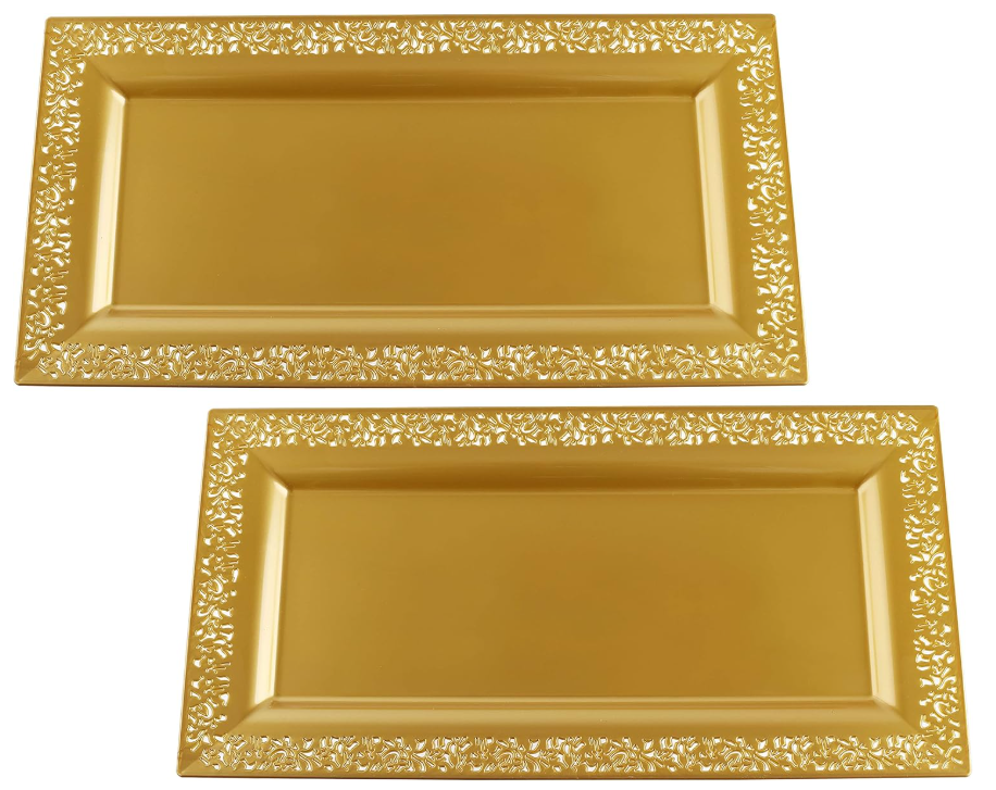 2 (pk) 14" x 7.5" Gold Lace Rim Plastic Serving Trays & Platters | Heavy Duty Disposable Decorative Dessert Tray - Party Platters for Upscale Parties Candy Cupcake Weddings