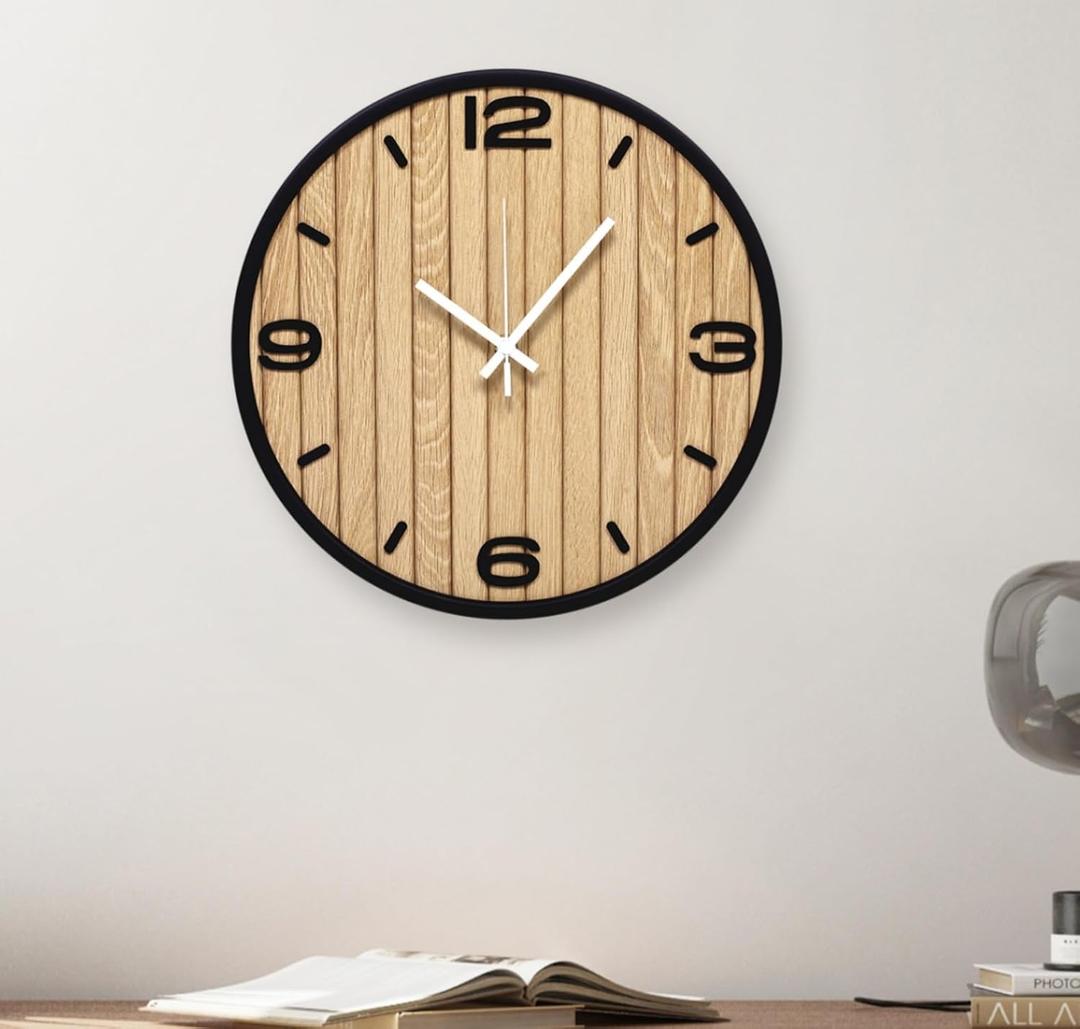 10 Inch Round Wall Clock Battery Operated Wooden, Non-Ticking Quartz Decorative Analog Clocks for Apartment, Living Room, Bedroom, Hallway, Classroom - Easy to Install & Read