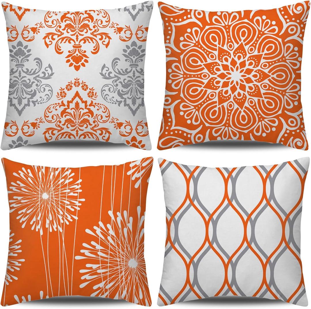 Coliuso Decorative Throw Pillow Covers 18x18 inch Set of 4,Orange and White Modern Simple Square Pillow Case Cushion Cover for Sofa Couch Farmhouse Outdoor Living Room (Burnt Orange and White)