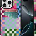 iPhone 16 Pro Wallet Case Card Holder Slot Slim Cute Design Soft Leather Protective Phone Case with 2 Credit Card Pockets for iPhone 16 Pro 6.3 inch for Women,Colorful Checkerboard