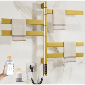 ENZE Smart Rotating Heated Towel Rack for Bathroom, 5-Bar Wall-Mounted Electric Towel Warmer with Swivel Bars, Wi-Fi App Control, 24H Timer, Stainless Steel, IPX5, Hardwired/ Plug-in, Gold