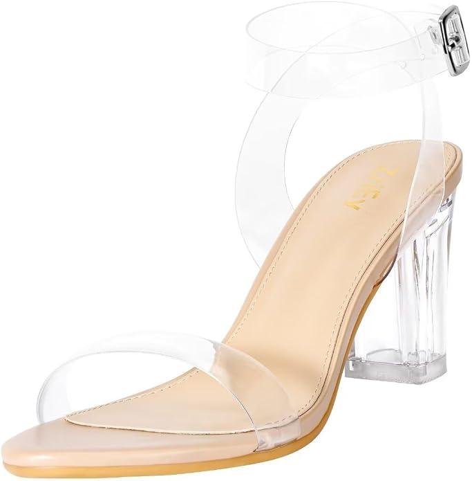ZriEy Women's Clear Heels Chunky Block Mid High Heeled Sandals Open Toe Transparent Ankle Strap Dress Pump Shoes for Women in Daily Wear Party Wedding, 9
