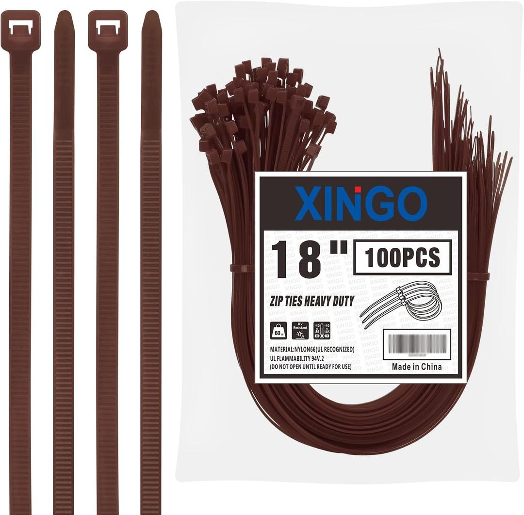 XINGO 18 inch Brown Zip Ties Heavy Duty (100 Pack), Black, 60lb Tensile Strength, UV Resistant Cable Ties for indoor and outdoor use