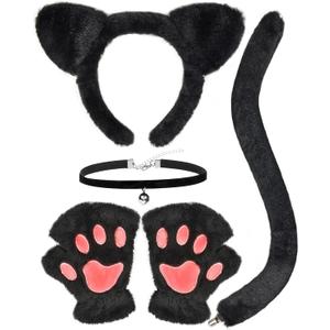 Gofriipai Black Cat Costumes, Cat Ears Headband Tail Paws Gloves Collar Set, Costumes for Women, Halloween Costume Accessories for Adults Girls