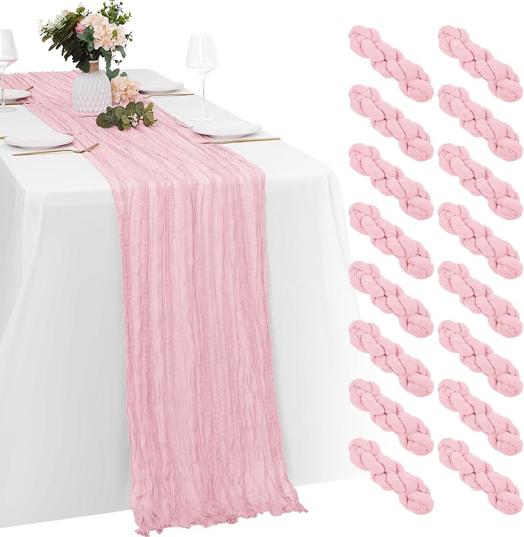 16 Pack Light Pink Cheesecloth Table Runners 20x120 Inch Gauze Table Runner Cheese Cloth 10FT Pink Table Runner Rustic Sheer Runner for Wedding Birthday Party Baby Shower Table Decor