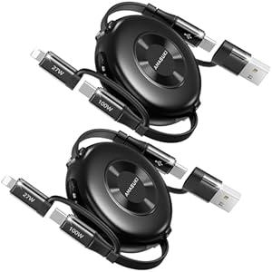 2Pack 100W Retractable Car Charger 4 in 1 Travel Essentials Multi Charging Cable USB C/L Fast & Carplay for iPhone 16/15/14/13 iPad MacBook Samsung S24/S23+ Multiple Chargers for All Devices-2.95ft