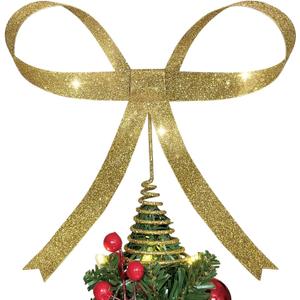 Large Metal Bow Christmas Tree Topper,9.4 Inch Glitter Gold Tree Topper,Gold Bow Christmas Tree Decorations for Xmas Home Decor Holiday Party Indoor Outdoor Shop Office