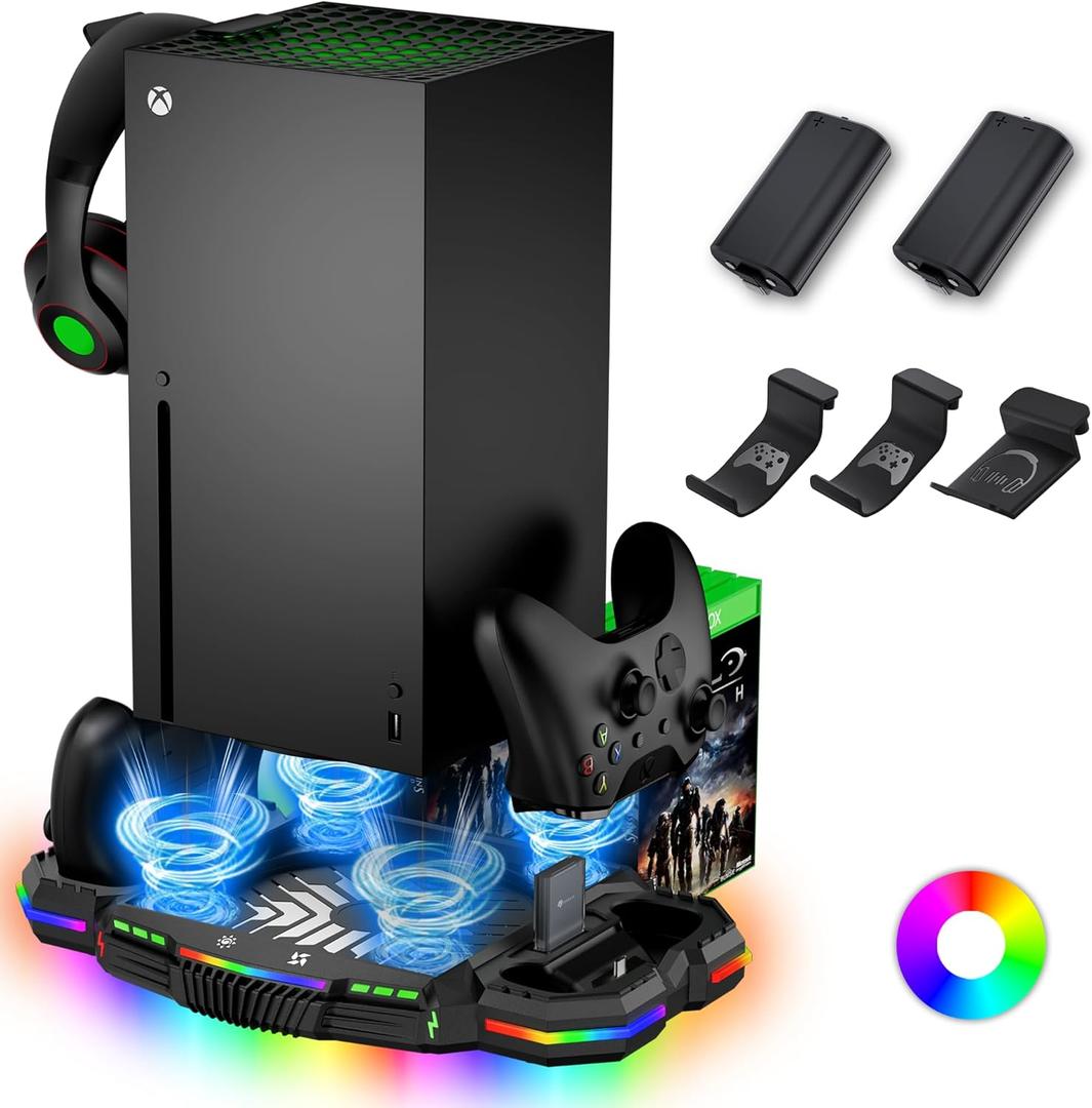 Cooling Fan with Charging Station for Xbox Series X Console and Controller - Vertical 15 RGB Modes Cooler Stand System, Low-Noise, Effectively Reduce Console Temperature and Quickly Charge Controller