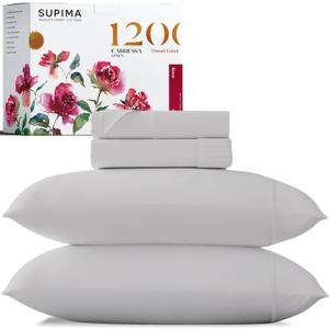 Carressa Linen Luxury 100% Supima Cotton Queen Sheets - Premium 1200 Thread Count Cotton Sheets for Queen Size Bed, 4 Pc Silver Bed Sheets Set, 5-Star Hotel Quality 16" Deep Pocket Cooling Sheets (Supima - Queen, Light Grey)