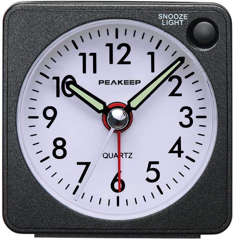 Peakeep Ultra Small, Battery Travel Alarm Clock with Snooze and Light, Silent with No Ticking Analog Quartz (Black)