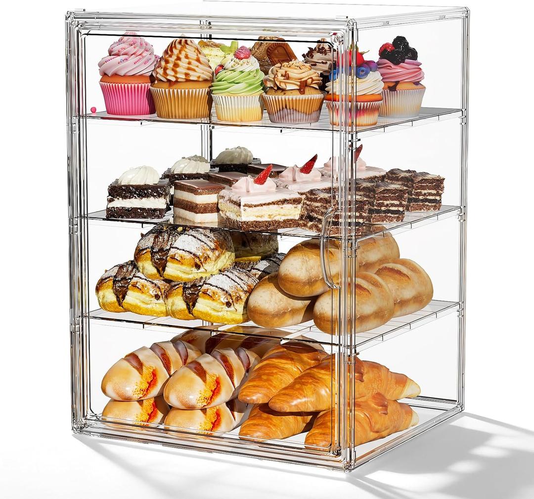 JOYZAN Pastry Display Case, 3 Tier Bread Box for Kitchen Countertop, Acrylic Bread Container with Magnetic Door, Large Bakery Display case for Breads & Muffins 10.63''L x 10" W x 14.17" H