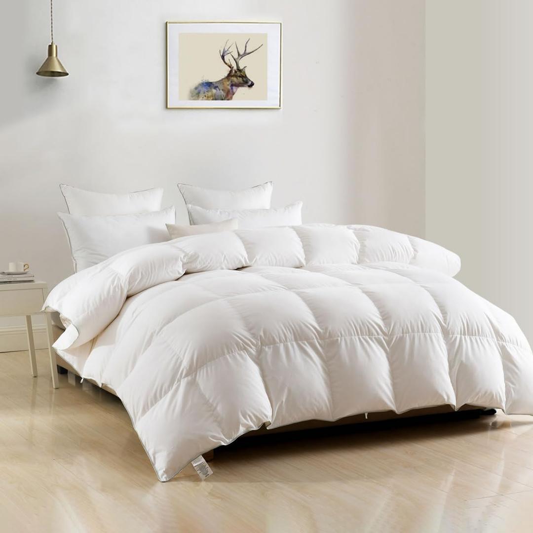 DWR Luxury Down Feather Fibers Comforter Full/Queen, Hotel-Style Fluffy Duvet Insert, Ultra-Soft Cotton Blend Fabric, High Fill Power 46oz Medium Weight for All Season(90x90, White)