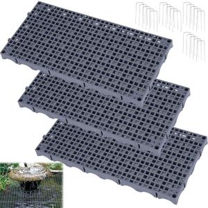 3-Pack Fountain Basin Grates, 24 x 12 Inch Heavy Duty Water Grid with Ground Pillars, Grey Landscape Grating for Raised Beds, Ponds, Water Features & Landscaping (Grid Style)