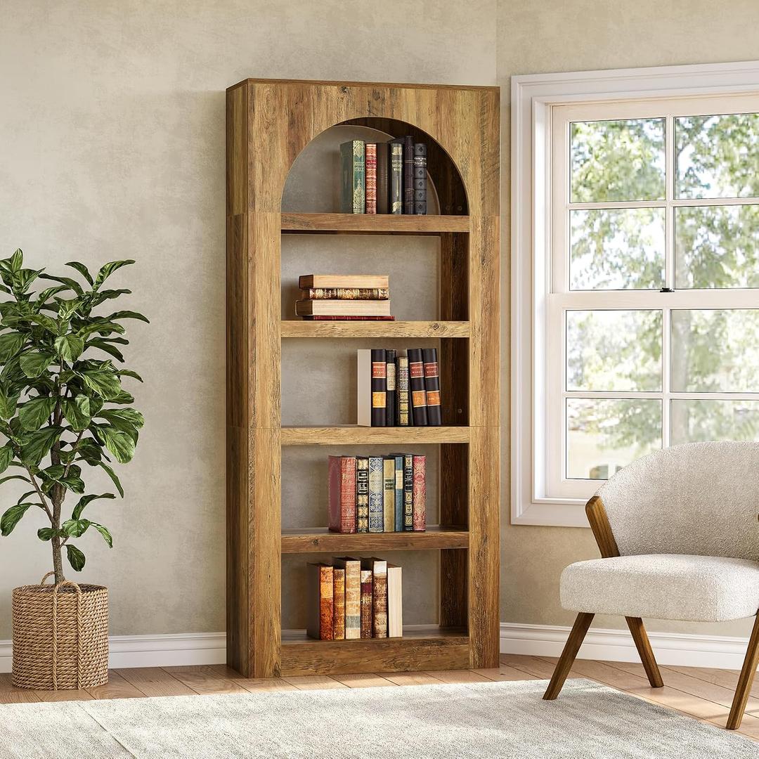 LITTLE TREE 5-Tier Arched Bookshelf, 70.8 Inches Tall Bookcase, Modern Open Display Storage Shelf, Large Bookcases Bookshelves Organizer for Living Room, Office, Bedroom, Light Brown