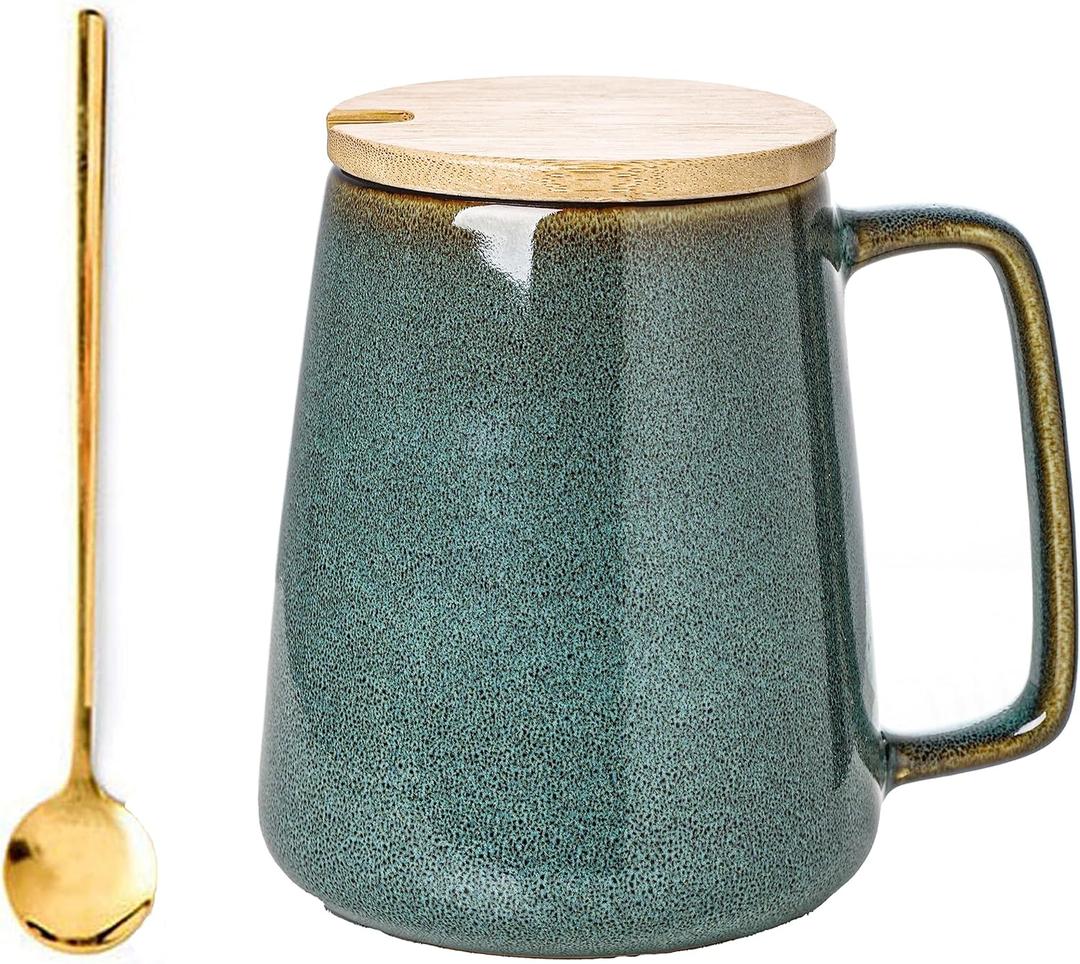 Large Ceramics Coffee Mugs,24 OZ,With Spoon And Wooden Lid,For Coffee,Tea,Cocoa,Large Handle Design,Microwave And Dishwasher Safe(Color:24 oz green set)