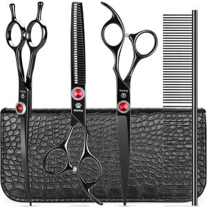 GLADOG 7 Inch Professional Dog Grooming Scissors Kit, 5-in-1 Titanium Coated Pet Grooming Shears Set, Heavy Duty Grooming Scissors for Dogs (Pro Black)