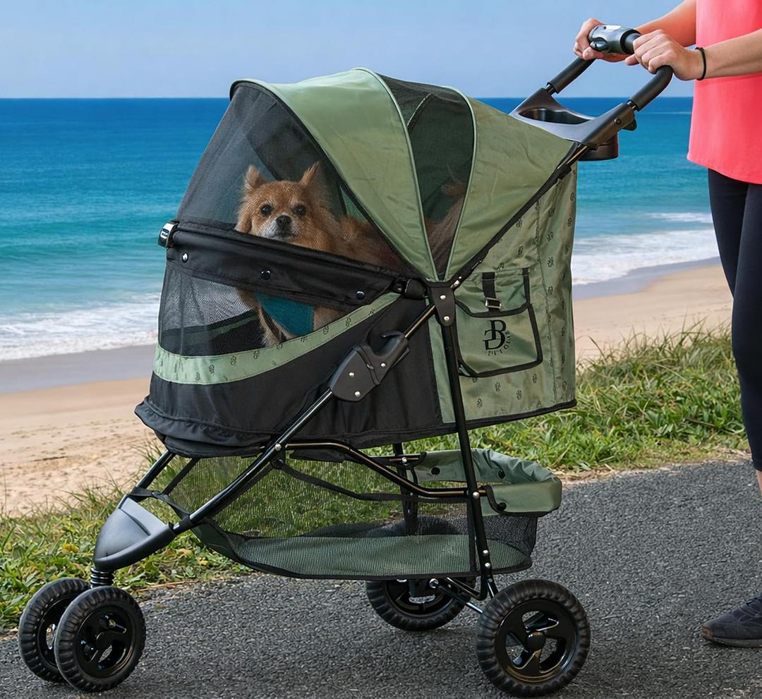 Pet Gear No-Zip Special Edition 3 Wheel Pet Stroller for Cats/Dogs, Zipperless Entry, Easy One-Hand Fold, Removable Liner, Cup Holder, Green Clover