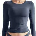 SUUKSESS Women Double Lined Fitted Basic T Shirts Crew Neck Long Sleeve Crop Top (Medium, Navy)