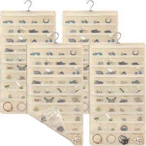 4 Pcs Hanging Jewelry Organizer with 80 Pockets Earring Storage Organizer Dual Sided Earring Holder Necklace Hanger Closet for Bracelet, Necklace, Ring, Knitting Tool, Accessories, Beige