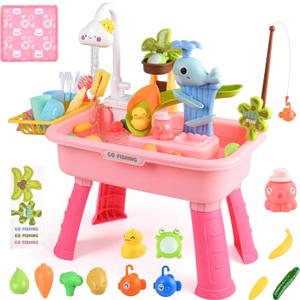 Upgraded Toddler Sand Water Table Toy with Electric Water Pump, Kids Sand Water with Faucet/Play Food Accessories/Fishing Toy, Kitchen Play Sink Toys for Girl Boy Age 3+ (Pink)