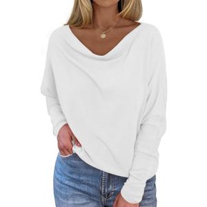 Okiwam Women's Fall Tops Cowl Neck Long Batwing Sleeve Shirts Oversized Tunic Dressy Casual Blouses 2026 Fashion Clothes (White) XS