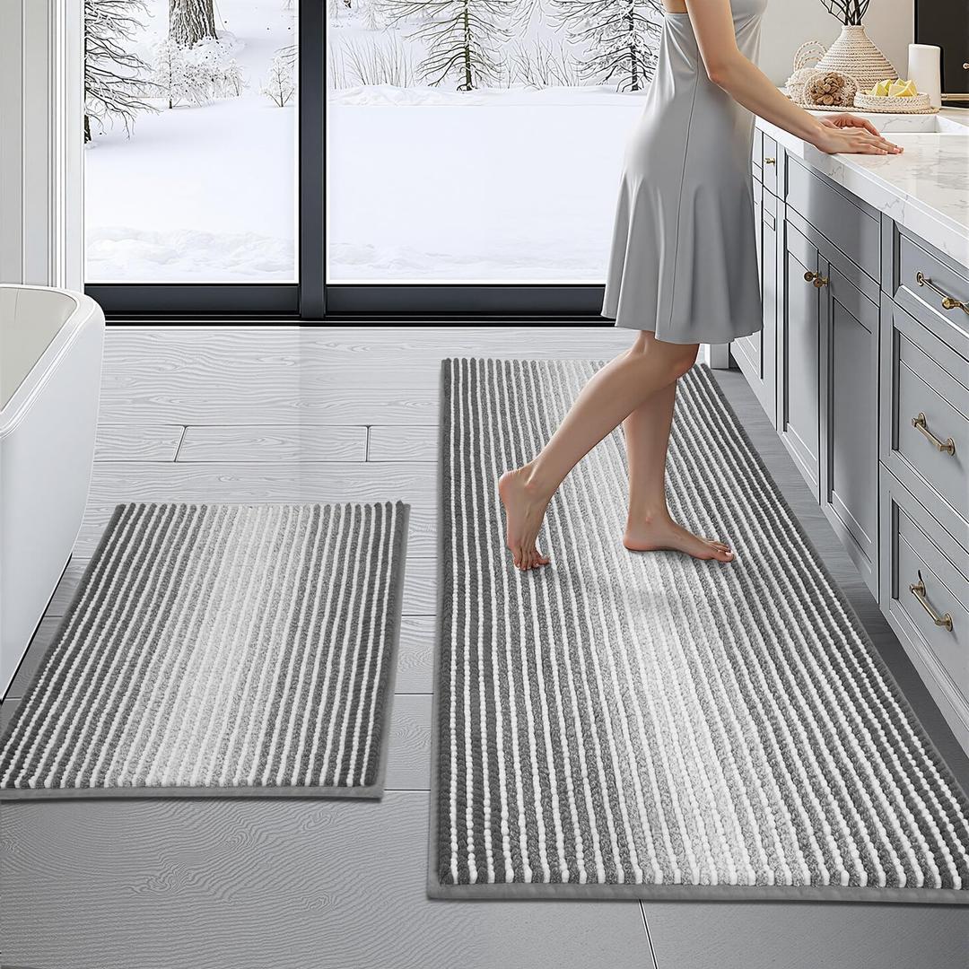 BSICPRO Bathroom Rugs and Mats Sets, 2 Piece Thick Absorbent Chenille Non Slip, Soft Shaggy Floor Mats, Machine Washable (20" x 47" Plus 16" x 24", Gray) (Grey)