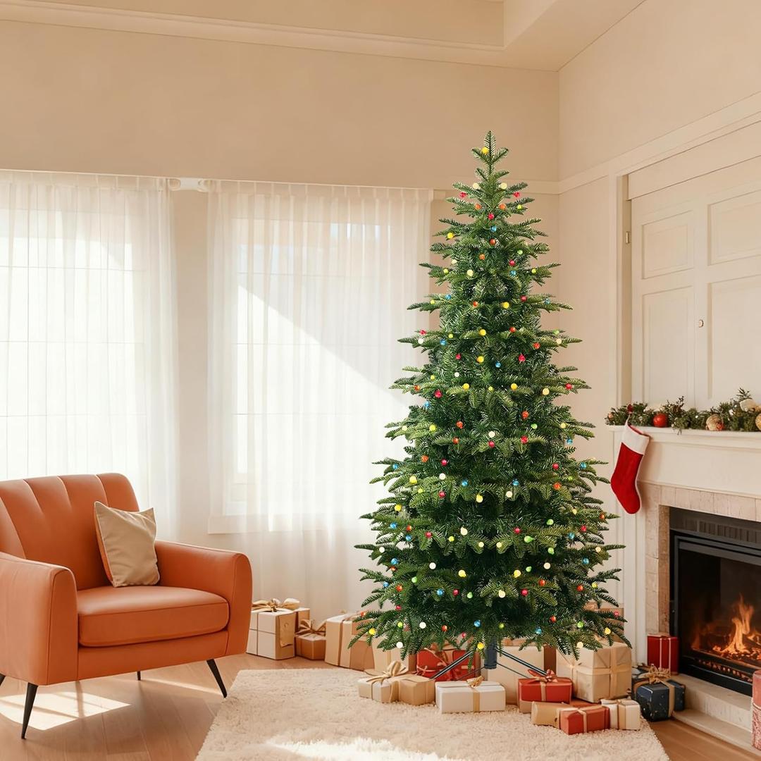 QBA 6FT Prelit Christmas Tree, Realistic Artificial Christmas Tree with 1264 PE&PVC Branches Tips, 210 Multi-Color Lights, Foldable Metal Stand, for Home Office Party Holiday Decoration, Green