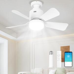 LANMEL Socket Fan Light with Remote & APP, 17.7'' Socket Breeze Ceiling Fan with Socket Extender, 3 Colors LED Light Bulb, Screw in Small Ceiling Fan for Bedroom Living Room Kitchen Garage (White)