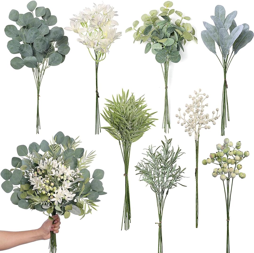 FOTEEWL 75 Pcs Artificial Greenery Stems Box Set,with 8 Kinds of Faux Plants and Fake Flowers for DIY Bridal Bouquets Wedding Floral Arrangement Table Centerpieces Decoration (Sage Green)