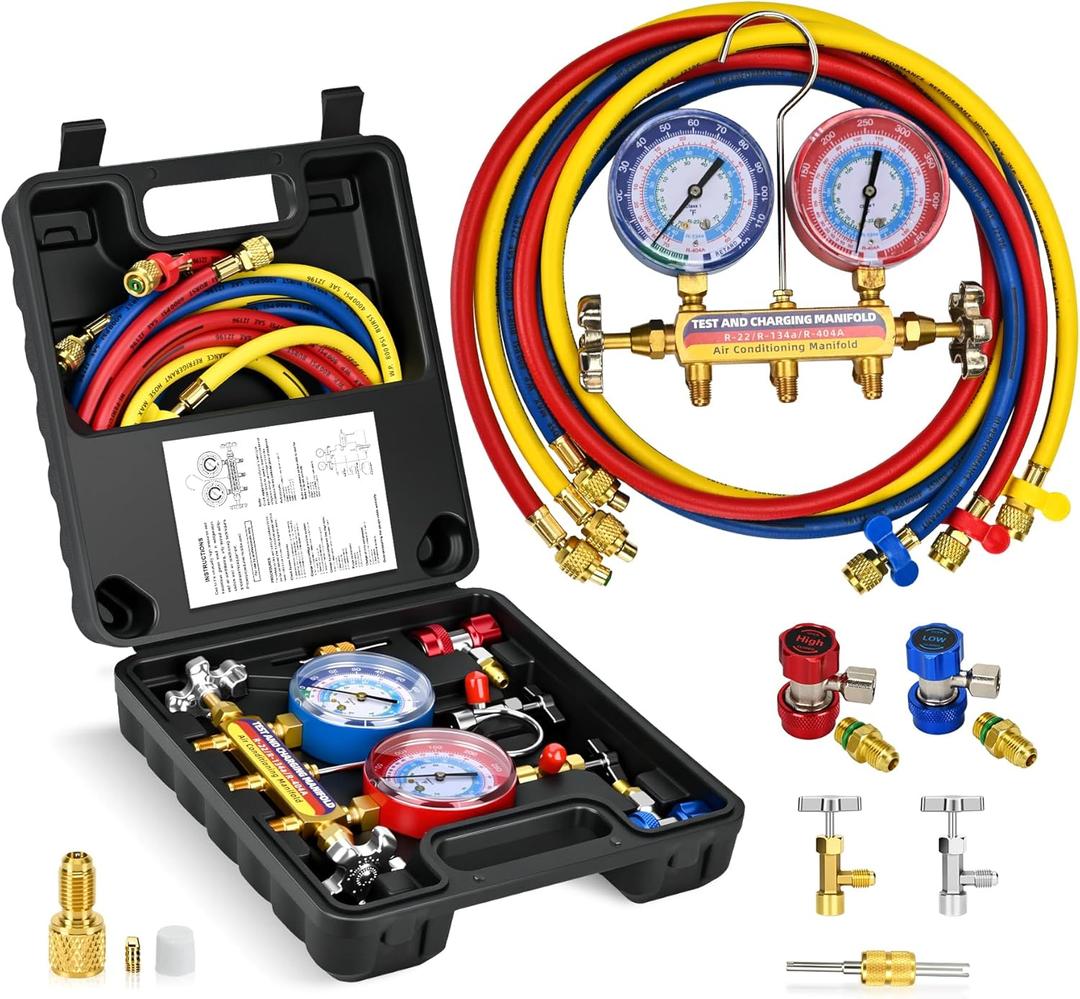 Upgraded New 42006 Test and Charge Manifold Set, with 3-1/8" (80 mm) Gauge, with 72" HVAC Hoses and Quick Coupler Adapters, 1/4" Standard Flared Fittings, Suitable for R-22/134A/404A, Toolbox