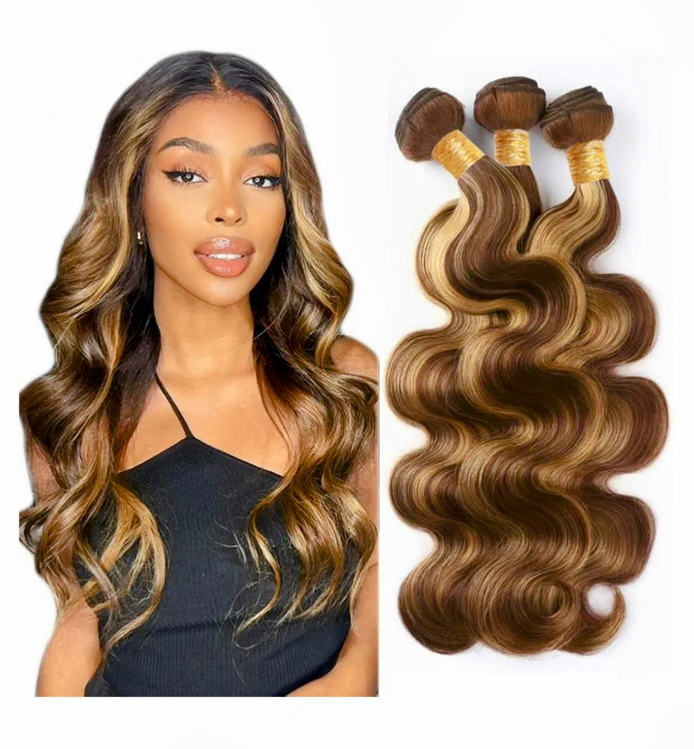 Xddnamei Augfst Brazilian Virgin Human Hair Bundles Highlight P4/27 Body Wave Human Hair Bundles 8 10 12 Inch 12A Unprocessed Sewn In Quick Weave for Black Women