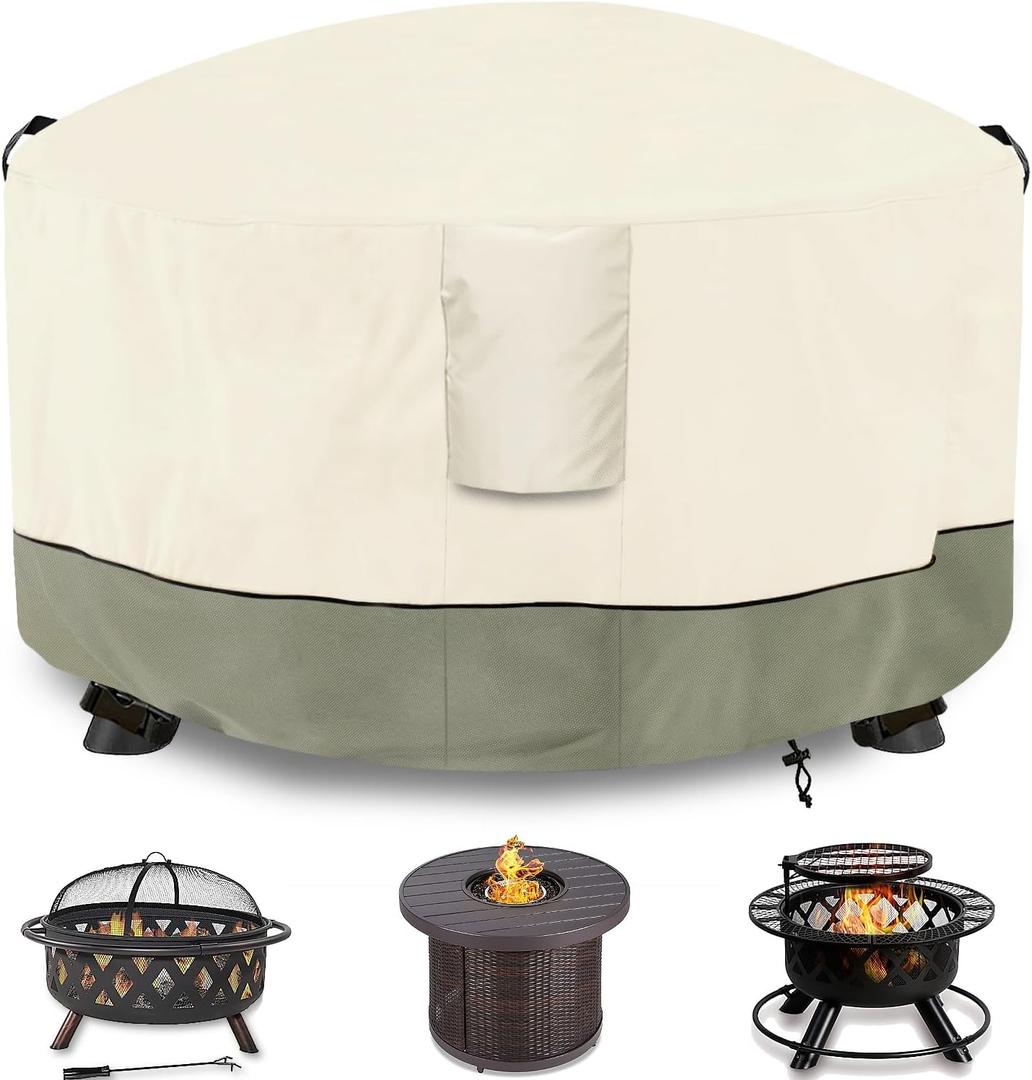 Fire Pit Cover,Outdoor Heavy Duty 600D 100% Waterproof Fire Pit Cover Round,Weatherproof Firepit Covers Round 40" Dia x 20" H,Beige