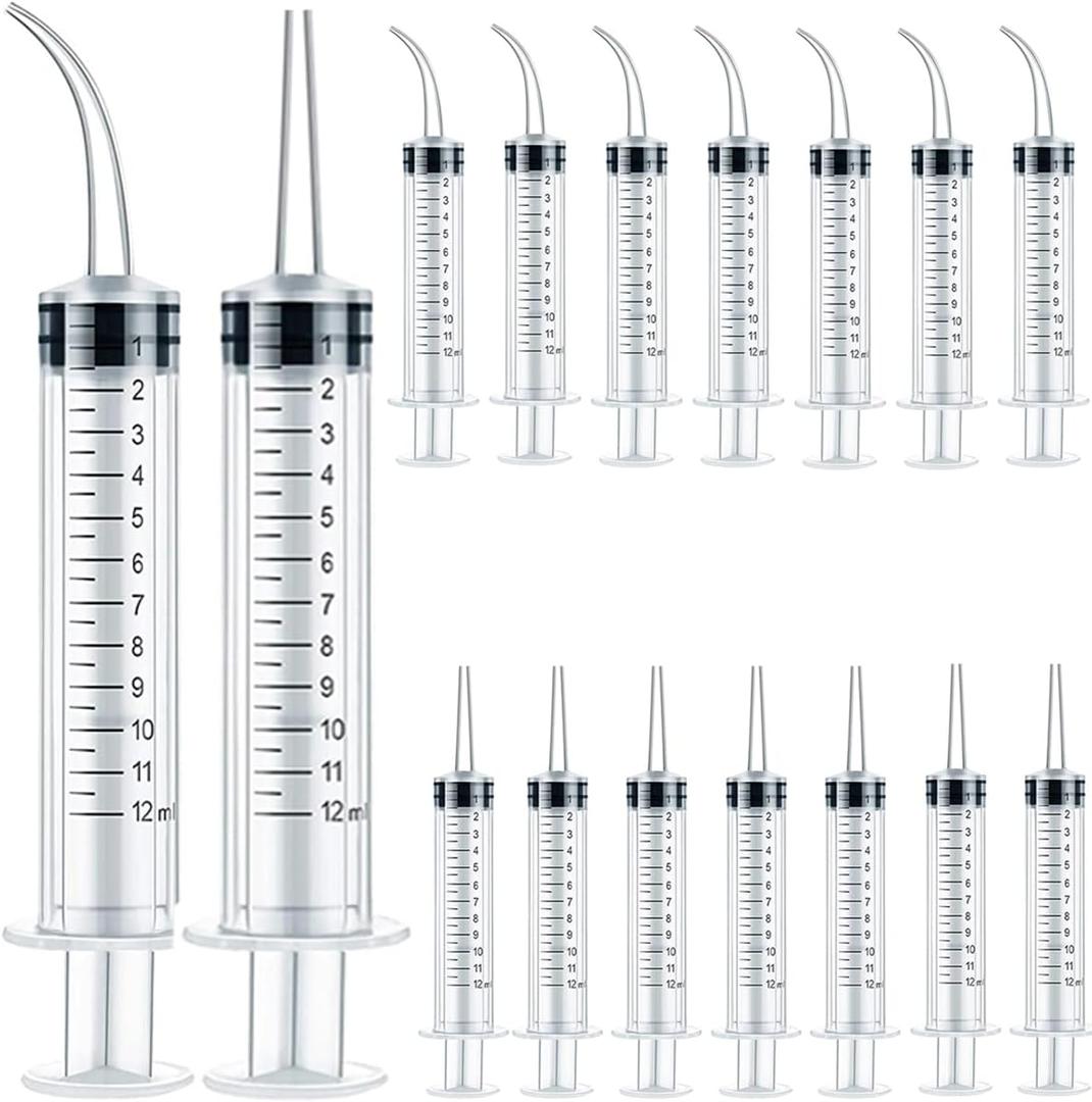 TIHOOD 16PCS 12ml/cc Plastic Syringes Set, Syringe with Curved Tip and Straight Tip, Disposable Irrigation Syringe Mouthwash Cleaner for Oral Care, Animal Feeding, with Measurement