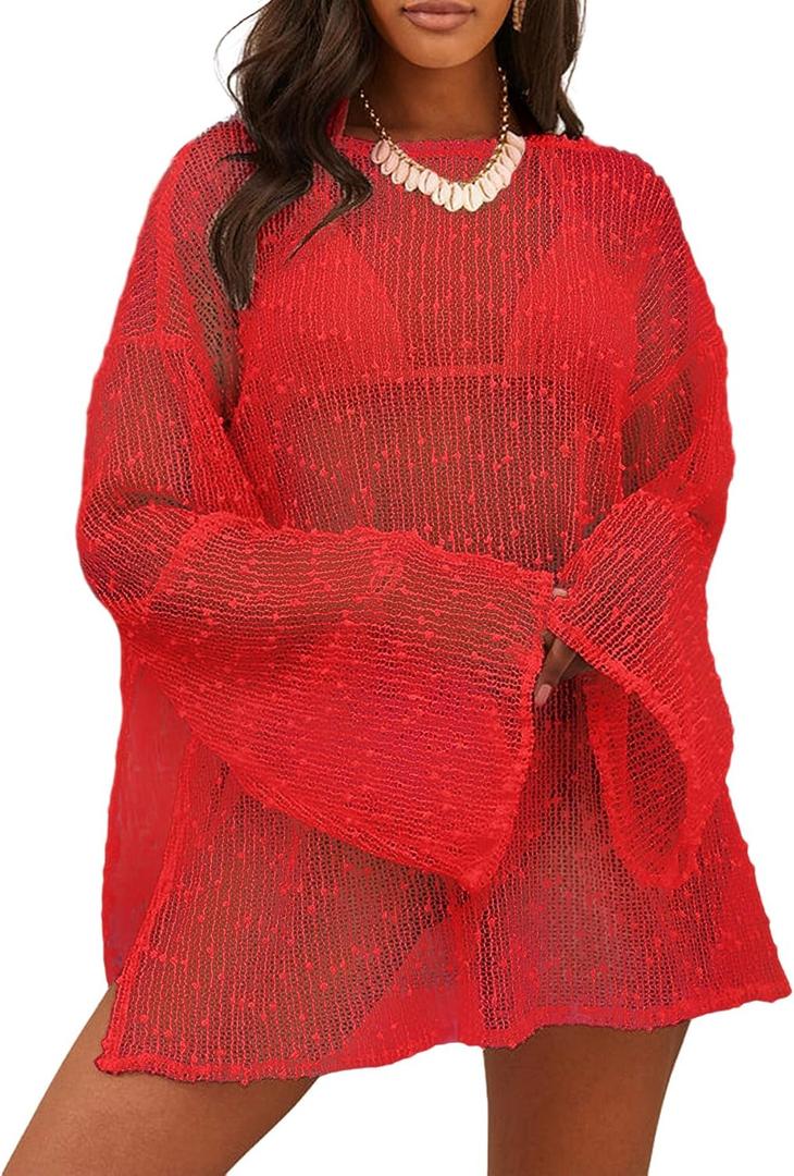 Lilosy Sexy Crochet Sheer Kaftan Caftan Beach Dress Bathing Suit Swim Coverup Summer Vacation Outfits One Piece (Red)