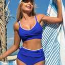 ZAFUL High Waisted Bikini Sets for Women Twist Front Ruched Color Block Two Piece Swimsuits Tummy Control Bathing Suit, M