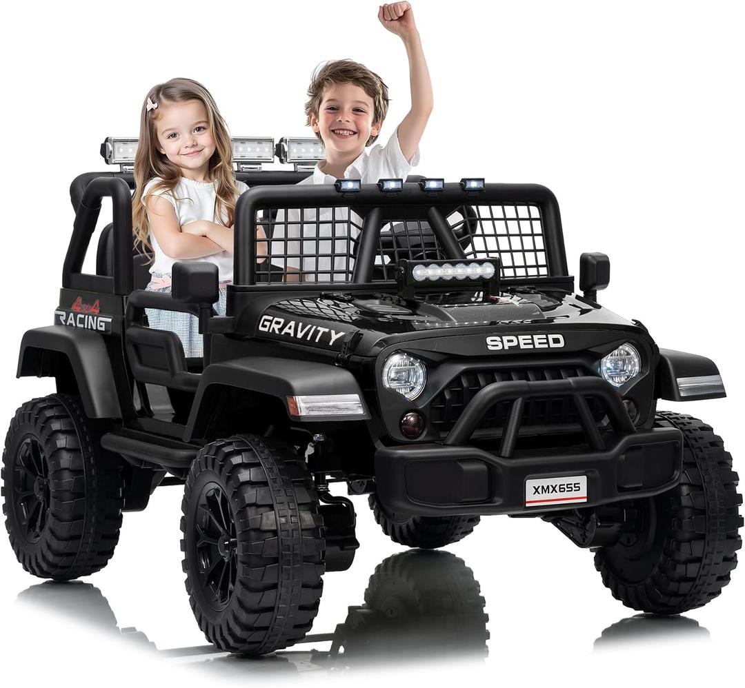 Garvee 24V 2-Seater Kids Electric Truck with Parent Remote Control, 100Min Ride-on Car, 4WD Dual Motor, 2 Speeds, Spring Shock Absorber, LED Headlights, Siblings Gift Kids Electric Vehicle, Black