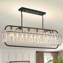 Black Crystal Modern Chandelier for Dining Room, 40 inch Chandeliers with Water Ripple Glass, Adjustable Chain Length,Luxury Rectangular Pendant Light Fixture for Kitchen Island Living Room