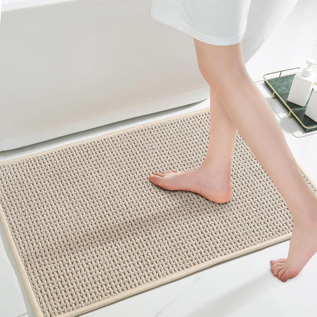 Bathroom Rug Beige Bath Mat: 17x24 Chenille Non Slip Washable Absorbent Bathmat Small Soft Thin Quick Dry Shower Carpet for Bathroom Floor Tub and Restroom