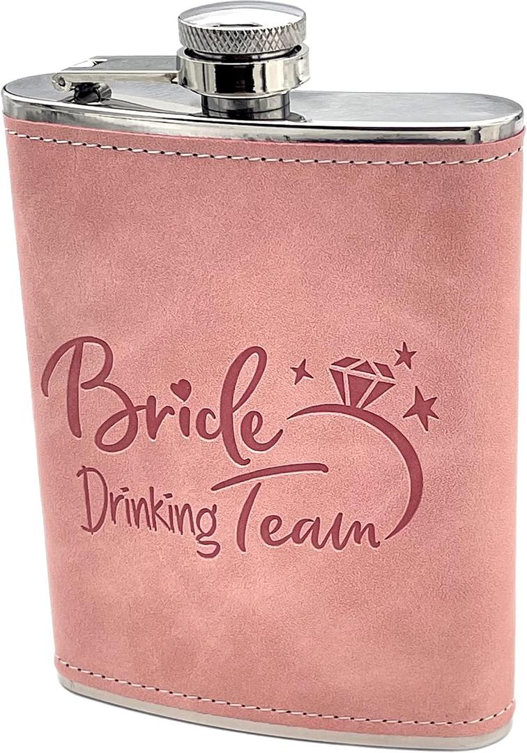 Bridesmaids Proposal Gift For Wedding, Stainless Steel & Leather Flask 8 Oz, Leakproof & Stamped With Team Bride. For Bachelorette Party Favors or Bridesmaid Gift Boxes. (Sand Pink, 1)