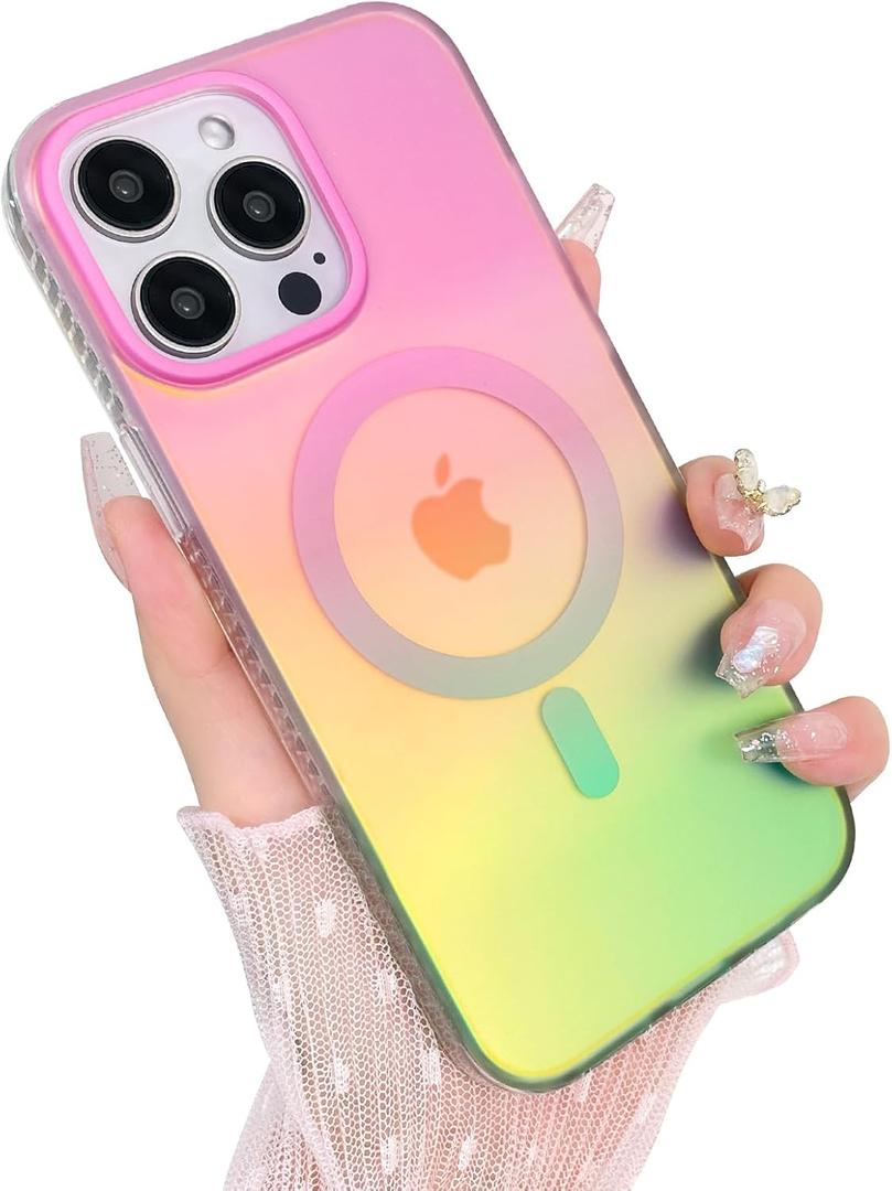 Aesthetic Case for iPhone 15 Pro Max Case for Women Girls, Compatible with Magsafe, Cute Girly Trendy Glitter Sparkly Rainbow Magnetic Protective Phone Cover, Matte Iridescent Pink & Green