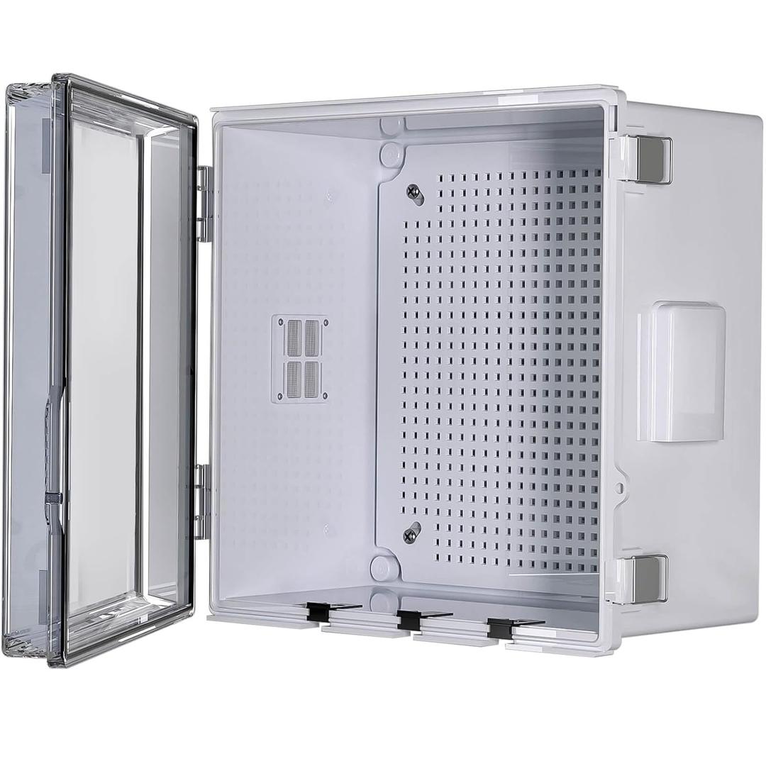 ABS Electrical Junction Box, Ventilated Design, Cable Grommets, IP65 Waterproof Enclosure, Indoor/Outdoor Use with Mounting Panel. (Clear Cover, 11.9"x11.9"x7")