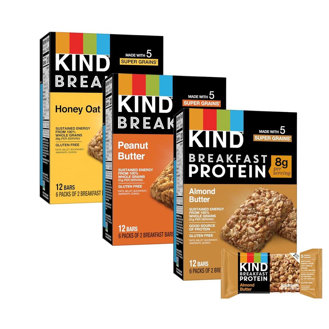 KIND Breakfast Bars Variety Pack, Gluten Free, Low Sodium, Healthy Snacks, Honey Oat, Almond Butter, Peanut Butter, 3-8g Protein, 18 Count (18 Packs of 2 Bars), Best By: 23 MAY 2026