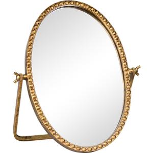 Vintage Desk Makeup Mirror, 12" L x 7.9" W Antique Gold Vanity Table Mirrors, Metal Framed Oval Small Standing Mirrors with Beaded, 360 Adjustable Rotation for Tabletop, Bedroom