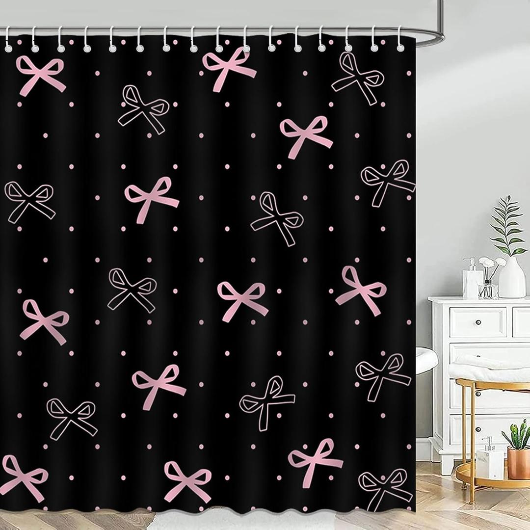 Mocsicka Pink Bow Shower Curtain Pink Bow Polka Dots Bathroom Shower Curtain Cute Aesthetic Waterproof Fabric Shower Curtains Bathtub Decor with 12 Hooks 72 X 72 Inch (Black)