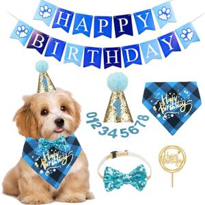 ADOGGYGO Dog Birthday Boy Bandana, Puppy 1st Birthday Party Supplies, Pet Party Hat Scarf Bowtie Banner Set for Small Medium Dogs (Small&Medium) (Blue)
